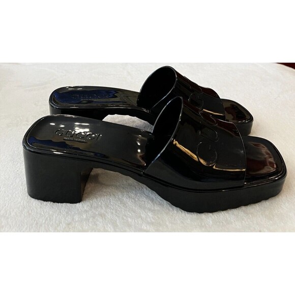 Gucci Nero Platform Black Glossy Rubber Slip On Slides Sandals Heels Size 7 37 - Picture 6 of 13